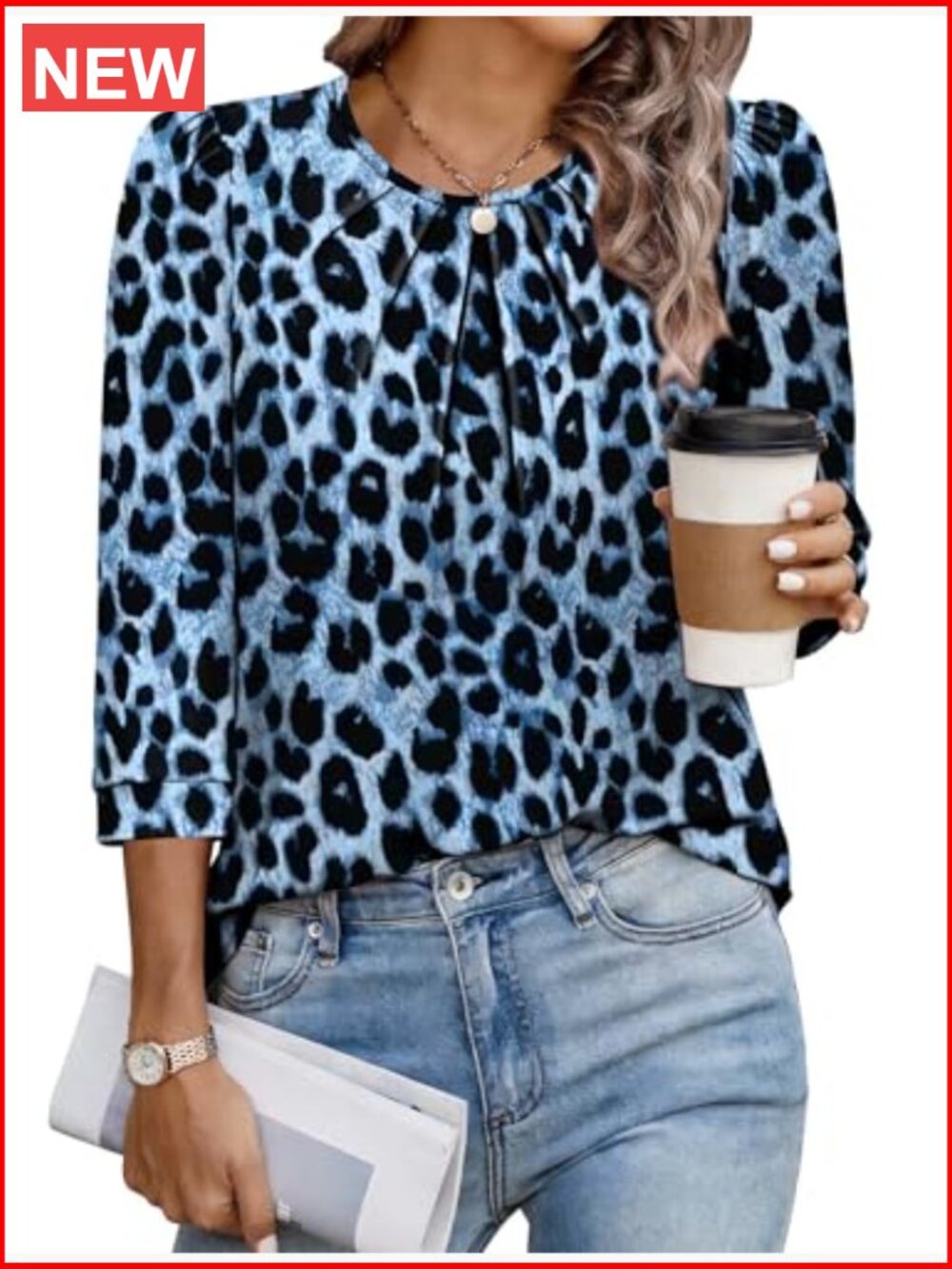 3/4 Sleeve Blouse Business Casual Pleated Front Tunic Top - Picture 2 of 5